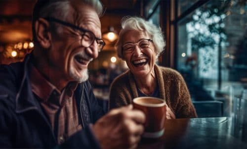 Older couple enjoying coffee together in a retirement setting