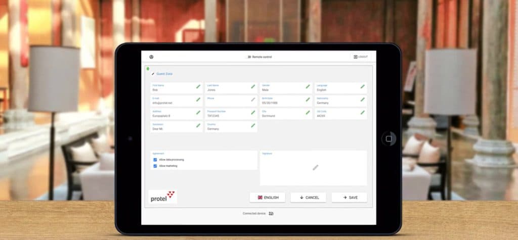 protel Digital Registration app on a tablet showing the digital check-in screen